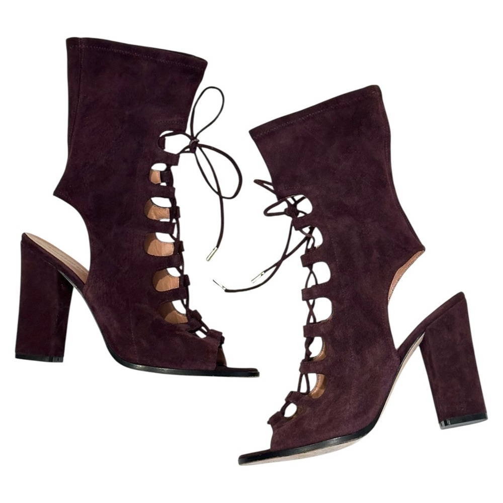Sigerson Morrison Linda Merlot Deep Purple Suede Lace-Up Booties Heels 10